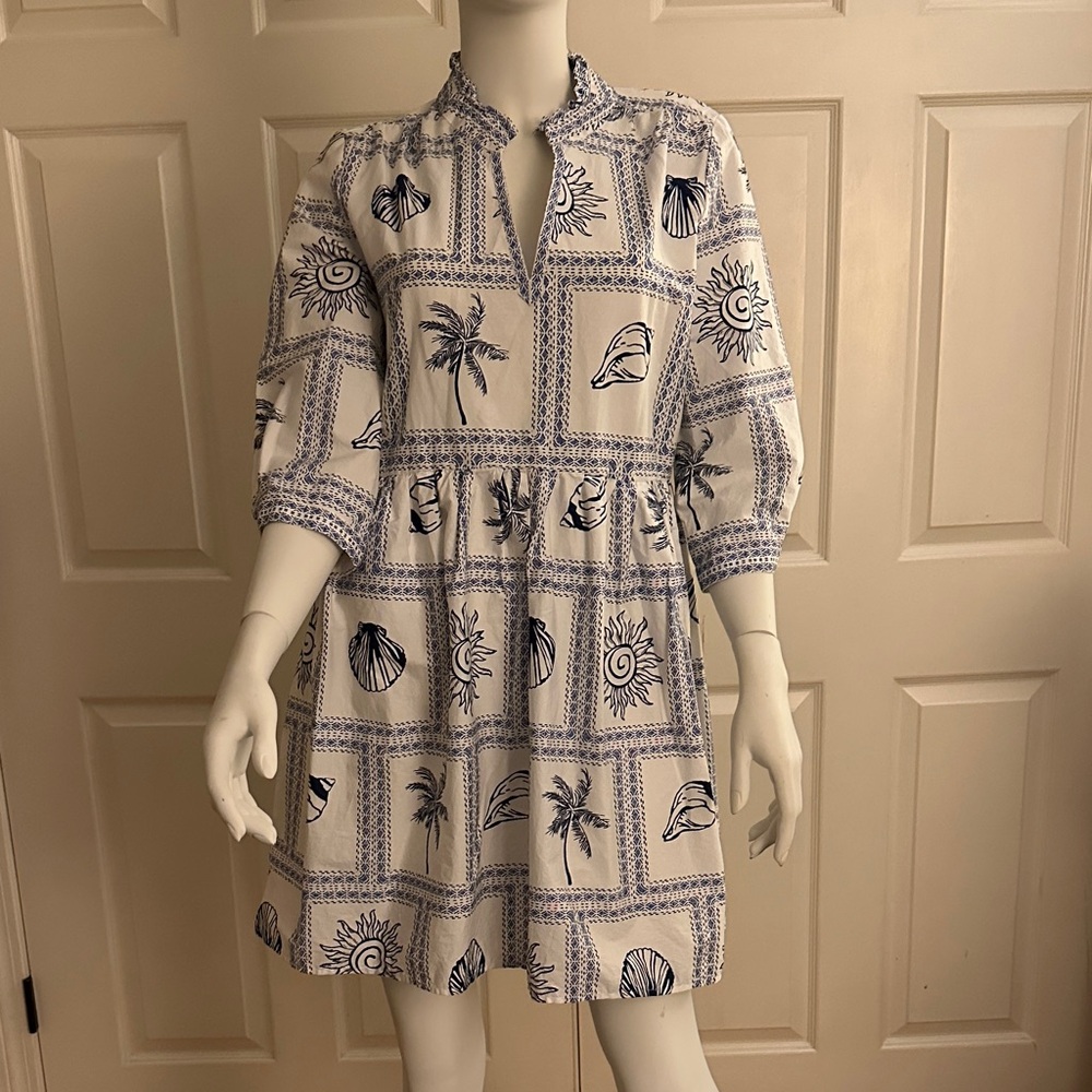 Calypso Navy and White Patterned Women's Dress with pockets